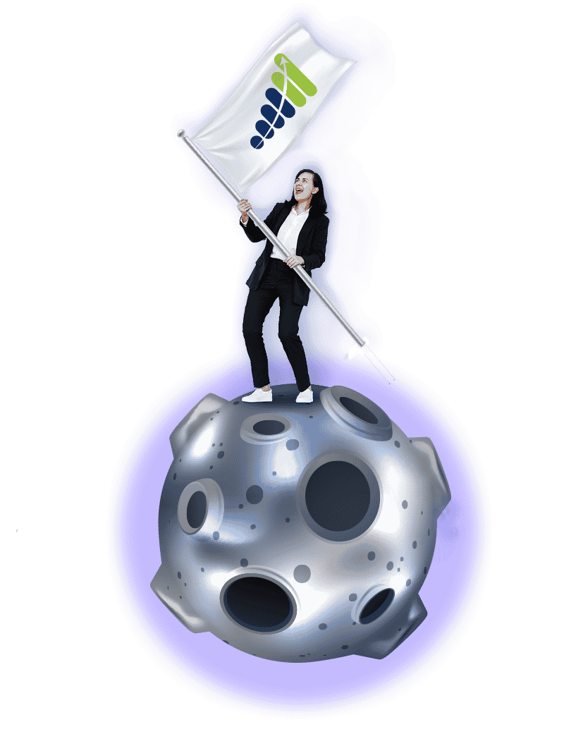 Woman on top of the moon with Inspiral Growth's Flag about us growth hacking agency about us and quotes about business growth